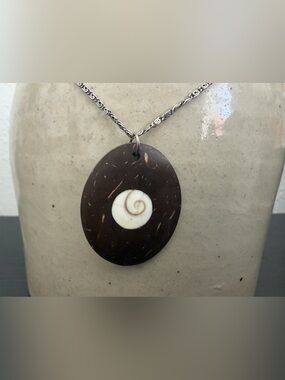 Dark Brown Oval Coconut Shell Pendant with White Shell Accent